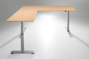 ModDesk Pro L Shaped Standing Desk Silver Frame Fusion Maple Desk Top Return Left