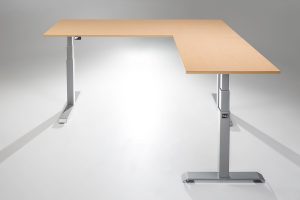 ModDesk Pro L Shaped Standing Desk Silver Frame Fusion Maple Desk Top Return Right