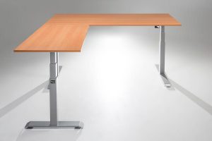 ModDesk Pro L Shaped Standing Desk Silver Frame Natural Pear Desk Top Return Left