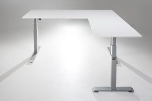 ModDesk Pro L Shaped Standing Desk Silver Frame White Desk Top Return Right
