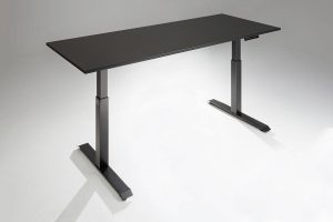 Mod E 2 Height Adjustable Standing Desk Black Base Black Table Top Angled