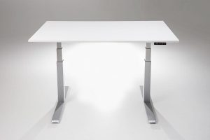 Mod E Pro Height Adjustable Standing Desk Silver Base White Table Top