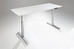 Mod E Pro Height Adjustable Standing Desk Silver Base White Table Top Angled