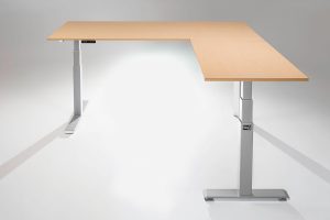 Mod E Pro L Shaped Standing Desk Frame Silver R Fusion Maple Table Top Ergonomic Furniture MultiTable