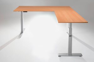 Mod E Pro L Shaped Standing Desk Frame Silver R Natural Pear Table Top Ergonomic Furniture MultiTable