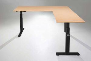 Mod E Pro L Shaped Standing Desk Frame Black Height Adjustable Standing Desk Base R Fusion Maple Top MultiTable