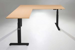 Mod E Pro L Shaped Standing Desk Frame White Height Adjustable Standing Desk Base L Fusion Maple Top MultiTable