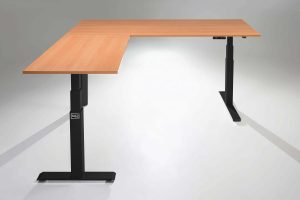 Mod E Pro L Shaped Standing Desk Frame White Height Adjustable Standing Desk Base L Natural Pear Top MultiTable