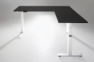 Mod E Pro L Shaped Standing Desk Frame White Height Adjustable Standing Desk Base R Black Maple Top MultiTable