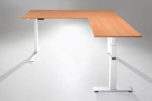 Mod E Pro L Shaped Standing Desk Frame White Height Adjustable Standing Desk Base R Natural Pear Maple Top MultiTable