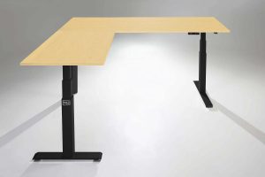 Mod E Pro Height Adjustable L Shaped Standing Desk Black Base Return Left Hardrock Maple Table Top MultiTable