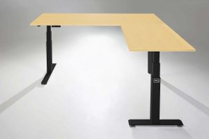 Mod E Pro Height Adjustable L Shaped Standing Desk Black Base Return Right Hardrock Maple Table Top MultiTable