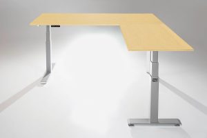 Mod E Pro Height Adjustable L Shaped Standing Desk Silver Base Return Right Hardrock Maple Table Top MultiTable