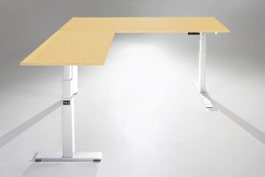 Mod E Pro Height Adjustable L Shaped Standing Desk White Base Return Left Hardrock Maple Table Top MultiTable