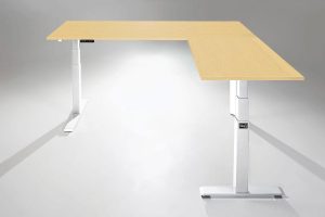 Mod E Pro Height Adjustable L Shaped Standing Desk White Base Return Right Hardrock Maple Table Top MultiTable