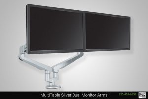 Custom Standing Desk Silver Dual Monitor Arms Ergonomic Accessories MultiTable Office Furniture Manufacturing Phoenix Arizona Since 2010