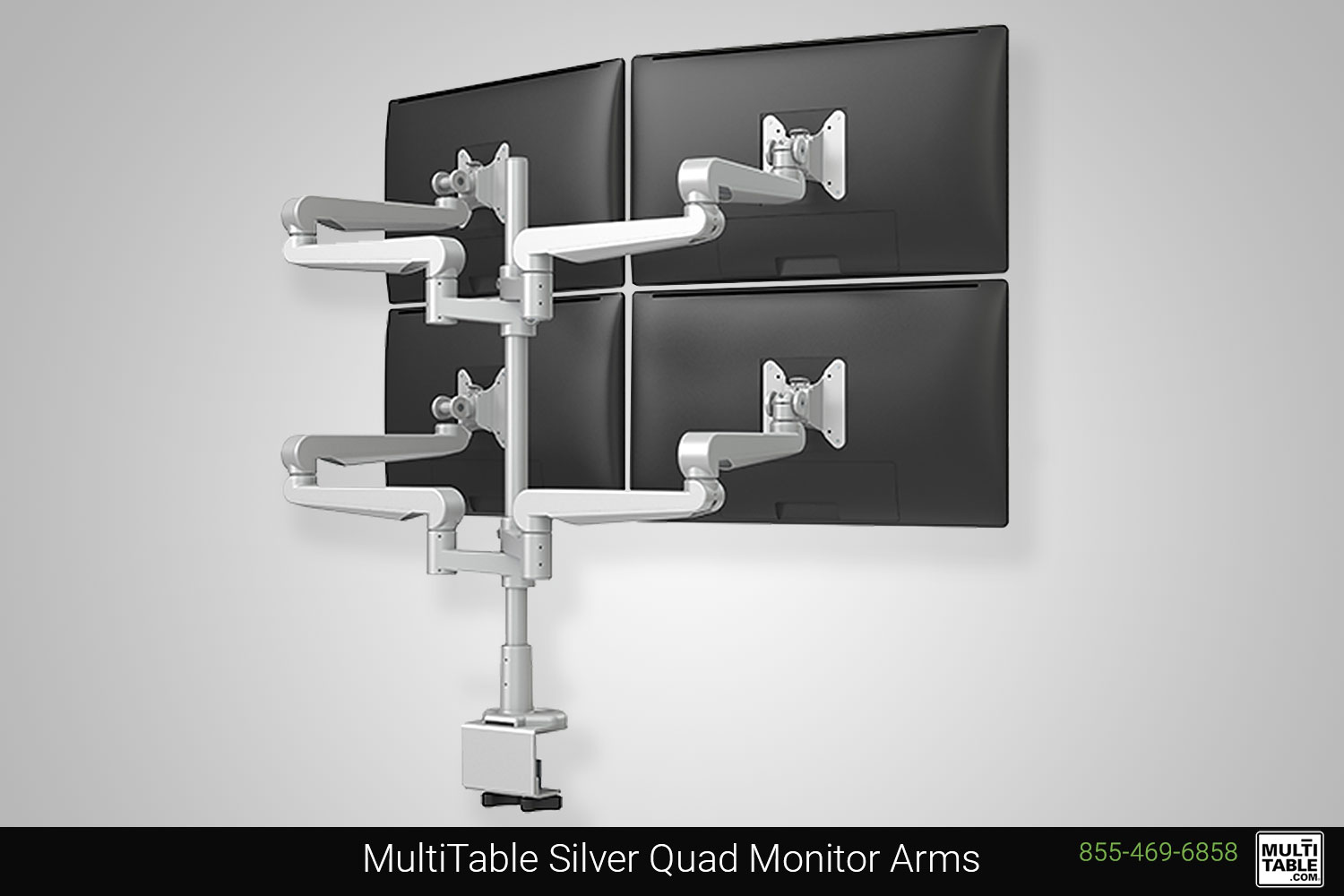 Custom Standing Desk Silver Quad Monitor Arms Ergonomic Accessories MultiTable Office Furniture Manufacturing Phoenix Arizona Since 2010