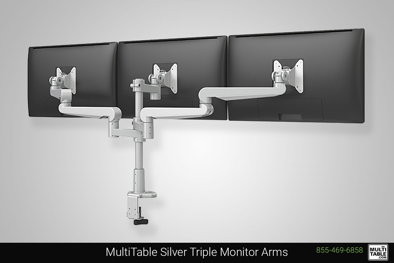 Custom Standing Desk Silver Triple Monitor Arms Ergonomic Accessories MultiTable Office Furniture Manufacturing Phoenix Arizona Since 2010